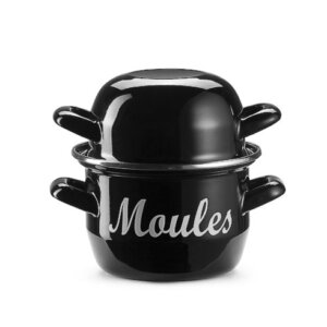 MUSSELGRYTA EMALJERAD STÅL. SVART MED TEXT MOULES