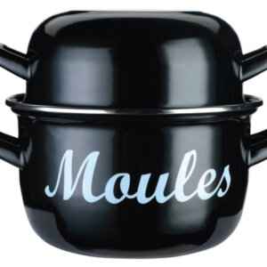 MUSSELGRYTA EMALJERAD STÅL. SVART MED TEXT MOULES