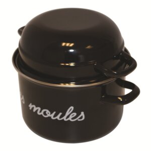 MUSSELGRYTA EMALJERAD STÅL. SVART MED TEXT MOULES